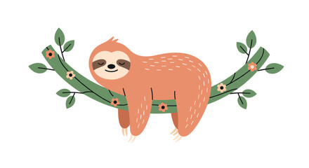 Obraz premium Adorable cartoon sloth sleeps peacefully while hanging from a flowering green tree branch in a whimsical nature illustration.