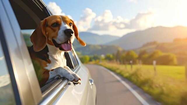 A happy dog enjoys the breeze from a moving vehicle window
