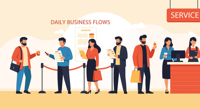 People standing in a long queue at a service counter for daily business flows including customers with coffee, bags, and documents.