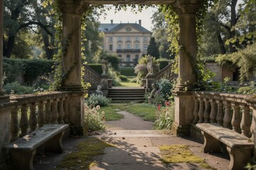 Fototapeta premium A stone archway with ivy-covered columns leads to a classical-style mansion in a serene formal garden setting.