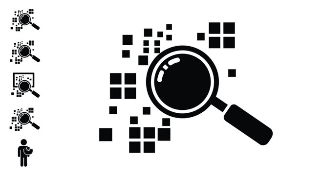 Magnifying glass icon focusing on a grid of black squares representing data search, analysis, and information technology concepts.