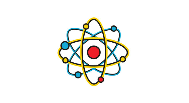 Atom model illustration with colorful electrons orbiting a red nucleus representing science, physics, and nuclear energy concepts.