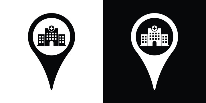 Hospital location pin map pointer icon vector. Black and white medical navigation marker graphic.