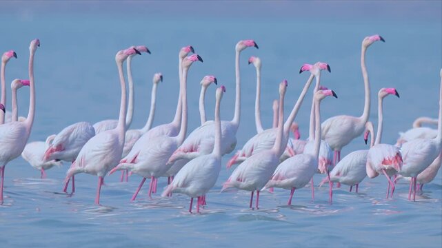 Large Flock of Greater Flamingos Wading and Displaying in Shallow Turquoise Saltwater Lagoon