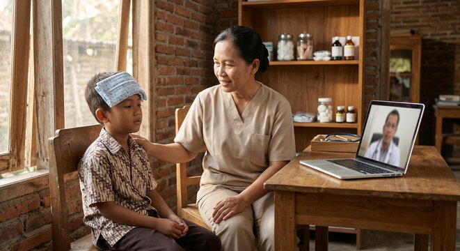 Indonesian nurse consulting with a young boy via telemedicine in a rural health clinic.