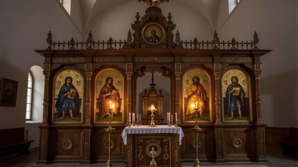Fototapeta premium Ornate wooden altar with four Evangelist icons in a dimly lit church interior, featuring intricate carvings and gilded details.