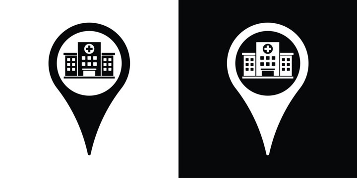 Hospital location pin map pointer icon vector. Black and white medical navigation marker graphic.