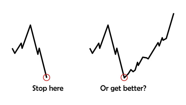 Minimalist business graph comparing failure vs resilience. Concept vector showing stock market recovery, improvement, and overcoming a crash.