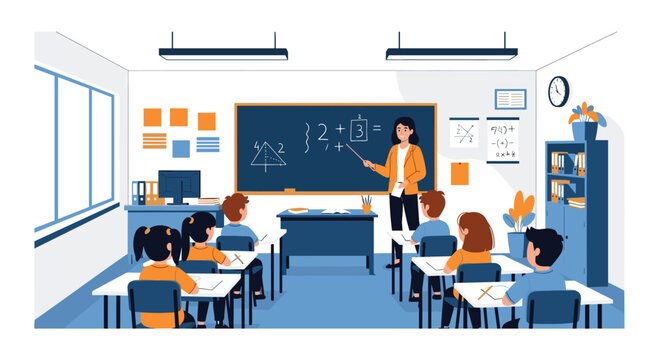 Dedicated female teacher conducts a math class for young students in a well equipped and colorful school classroom setting.