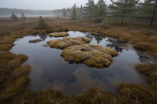 A serene misty bog in a temperate climate features a small pond with moss-covered hummocks and scattered coniferous trees.