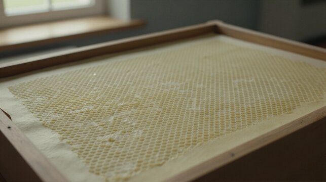 A Langstroth beehive honeycomb frame, made of beeswax with hexagonal cells, is mounted in a light brown wooden frame, set against a soft natural light background.