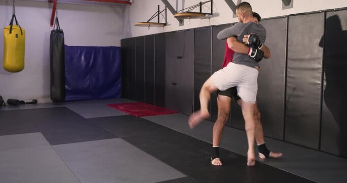 Diverse male partners entering dojo with gloves circling before clinching takedown for practice