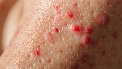 Fototapeta premium Red Acne Spots Macro Skin Texture, Ultra Realistic Human Skin Close Up, Acne Scars and Pimple Marks Detail, Dermatology Skincare Background, Facial Imperfections, Enlarged Pores, Medical Skin Conditio