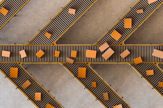 3D parcel conveyor network crossing an industrial sorting floor.