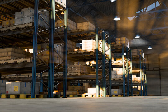 3D warehouse rack storage filled with boxed pallet inventory.