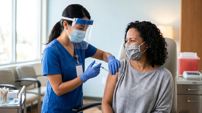 A healthcare professional in protective gear administers a vaccine injection to a patient in a clinic setting.