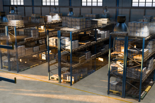 3D high bay storage holding stacked pallet cargo indoors.