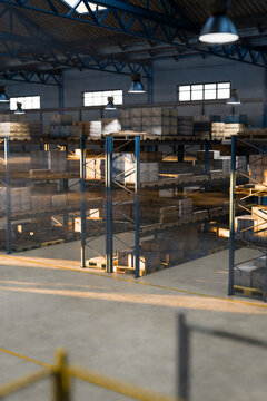3D industrial rack system packed with warehouse pallet stock.