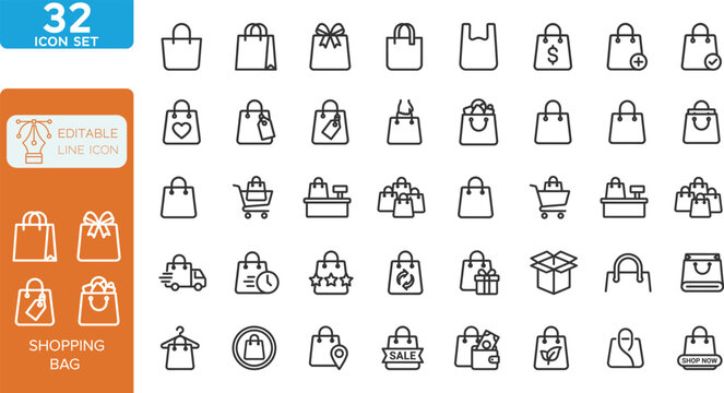 Shopping bag line editable Icons set.Vector illustration.  Containing Shopper, paper, plastic bag, eco packaging, gift and more. on white background.