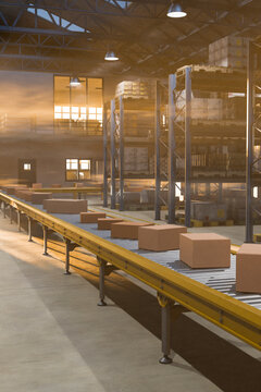 3D golden warehouse racks holding pallet cargo in warm light.
