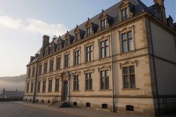 Fototapeta premium A historic stone mansion in Renaissance/Baroque style stands serene and timeless under warm golden hour light.