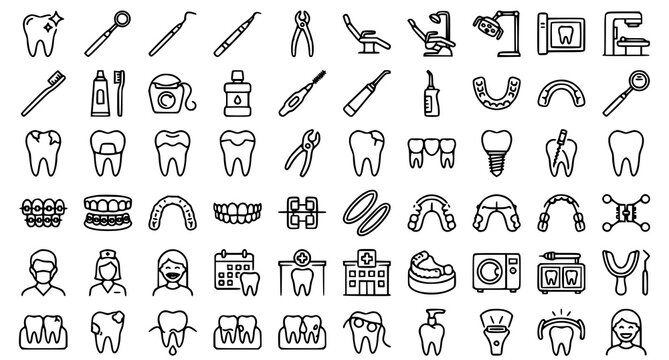 Professional Dentistry Orthodontics Thin Line Icon Pack with Dental Clinic Equipment and Oral Care Symbols
