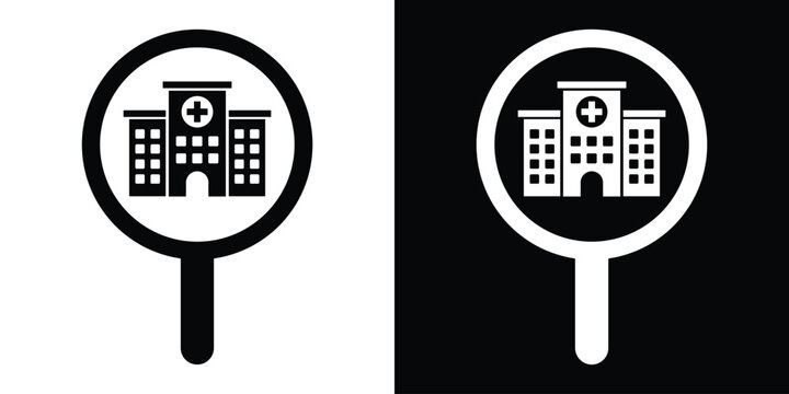 Hospital location pin map pointer icon vector. Black and white medical navigation marker graphic.