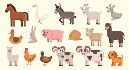 Naklejka premium Large collection of cute cartoon farm animal icons including horse, pig, goat, chicken, and sheep for educational materials.
