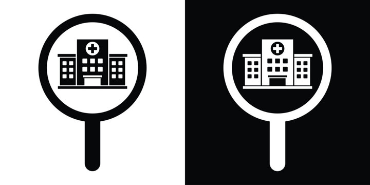 Hospital location pin map pointer icon vector. Black and white medical navigation marker graphic.
