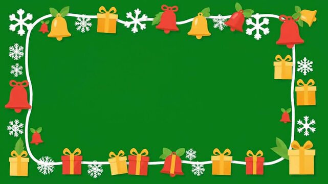 Christmas green screen border frame animation vector featuring festive garland with hanging bells and gift boxes for holiday video production and editing