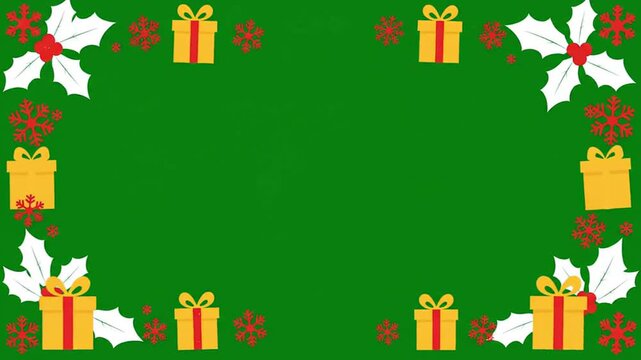 Christmass green screen border frame animation vector with yellow gift boxes red snowflakes and holly leaves for festive holiday video production overlays