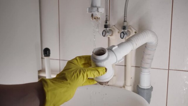 Hand in yellow glove repairing a leaking white sink pipe in a tiled bathroom. A plumber cleans clogged pipes under the sink