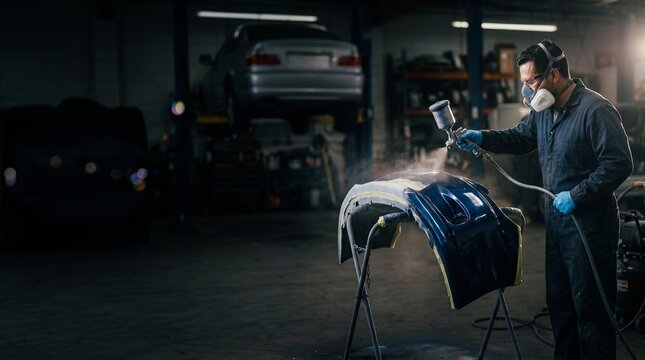 Professional automotive technician spray painting car bumper in auto repair shop