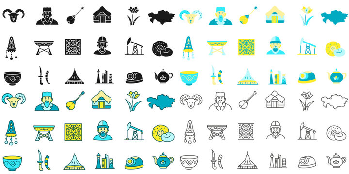 A set of icons dedicated to Kazakhstan. A collection of icons in various styles.