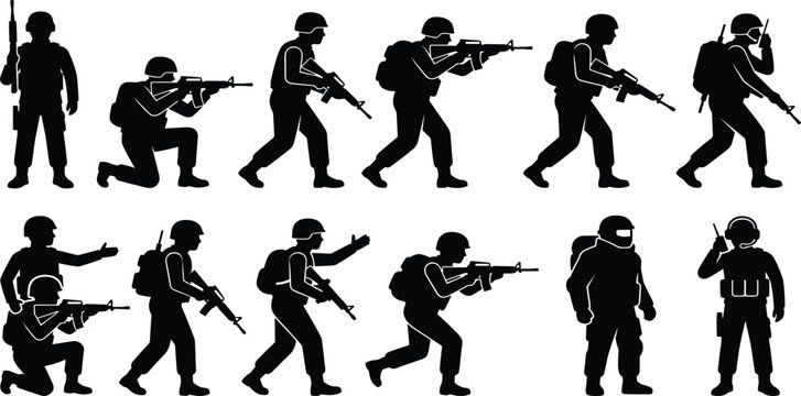 Military Soldier Silhouette Pose Set Featuring Armed Forces Personnel in Combat, Patrol, Communication, Tactical Operations, and Defense Action Stances