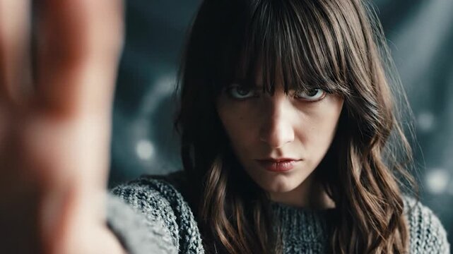 Young woman with serious expression holding out her hand in a stop gesture