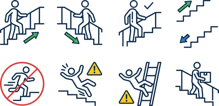 Stair Safety and Accessibility Icon Set Featuring Safe Stair Use, Fall Prevention, Directional Guidance, Workplace Safety, and Mobility Symbols