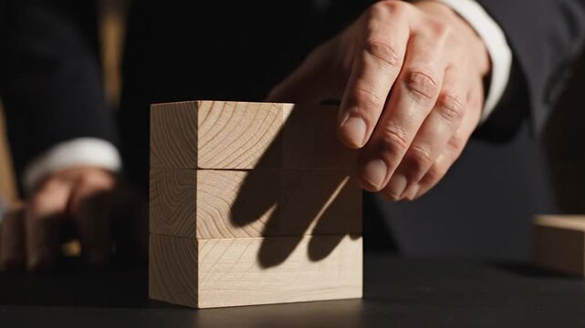 Businessman hand stacking wooden blocks on desk in professional setting