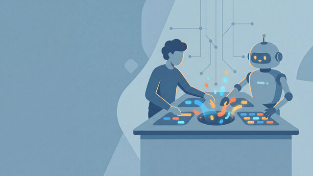 Conceptual illustration of person and friendly robot working together at a table with glowing data, symbolic of human and artificial intelligence collaboration and teamwork with copy space