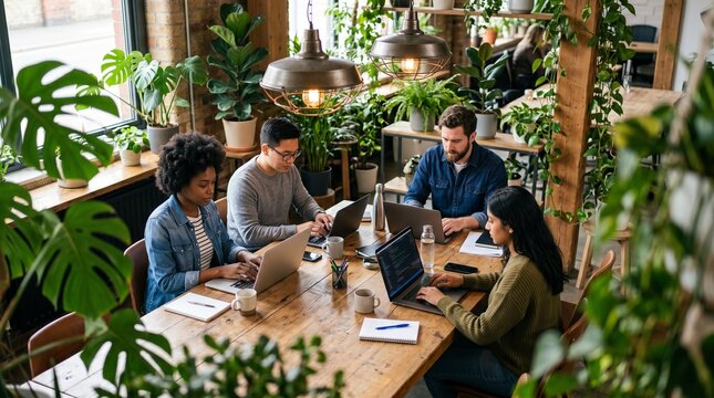 A AI startup team viewed from above develops softly bright software in a calm modern office analyzing system performance during QA testing in soft daylight startup