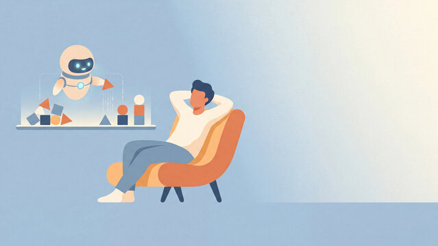 Conceptual illustration of relaxed person while a friendly AI robot assistant sorts and organizes tasks, symbolic of artificial intelligence automation and productivity support with copy space