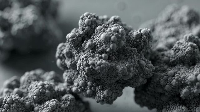 Medium shot focused on grayscale carbon black clusters emphasizing the uniformity and depth of fine particle structures under microscope lighting.