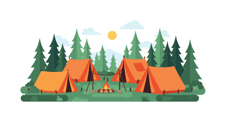 Obraz premium Flat vector illustration of a summer campsite in a green forest with orange tents a campfire and pine trees.