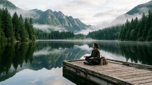 Young person sitting on lakeside pier in tranquil mountain landscape practicing meditation during peaceful travel retreat with forest reflections calm water wellness journey and mindful nature escape