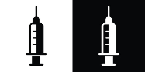 Obraz premium Vertical medical syringe vector icon. Flat vaccine or insulin injection symbol presented in contrasting black and white layout for design use.