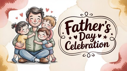 Fototapeta premium Happy fathers day illustration with a father hugging his three children, warm and loving family scene for greeting cards and social media posts