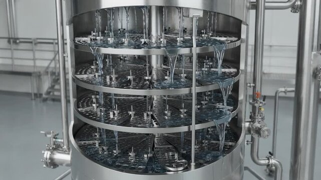 Medium shot of a continuous distillation column featuring tray design capturing the intricate plate stages separating ethanol from fermented wash with industrial precision.