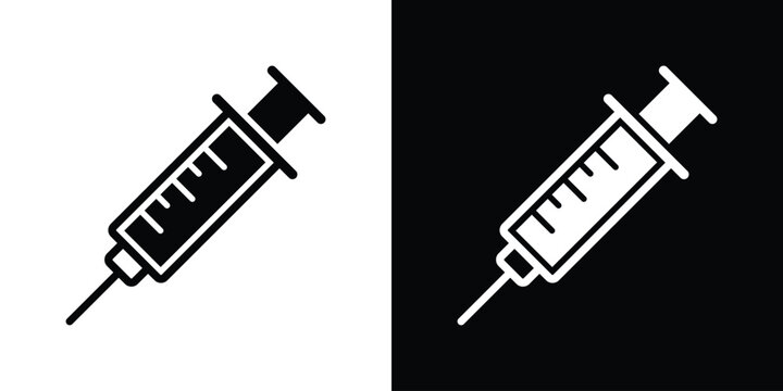 Diagonal medical syringe icon illustration. Simple injection needle graphic in black and white styles, ideal for vaccination, therapy, and laboratory themes.