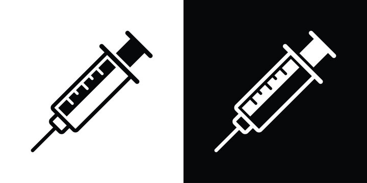 Diagonal medical syringe icon illustration. Simple injection needle graphic in black and white styles, ideal for vaccination, therapy, and laboratory themes.