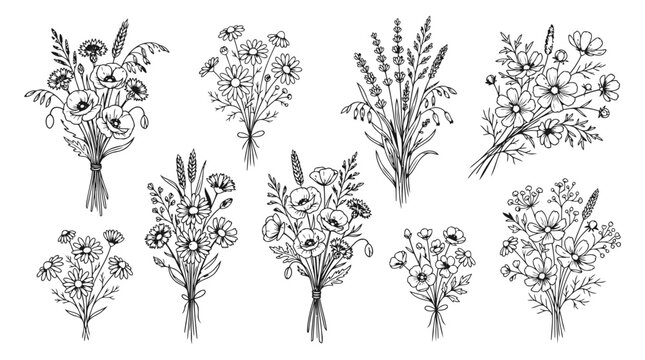 Delicate hand-drawn vector illustrations of various wildflower bouquets and floral arrangements on transparent background